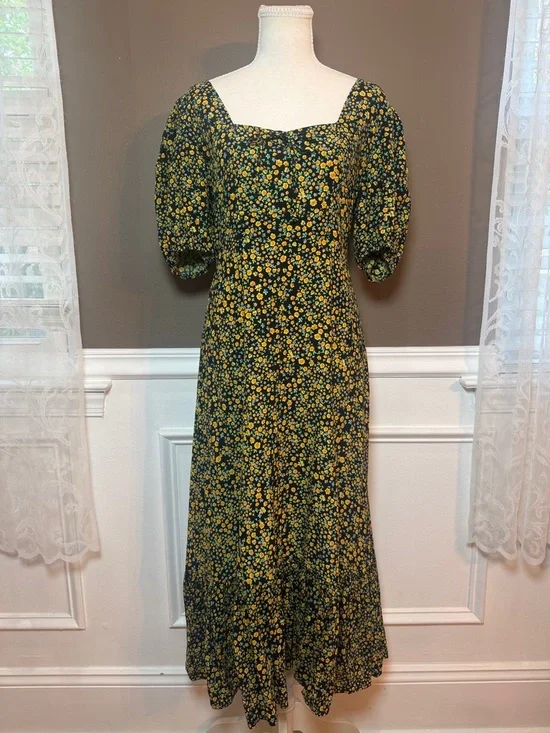 Faithfull The Brand Black‎ Yellow Floral Puff Sleeve Midi Dress L Size 8
