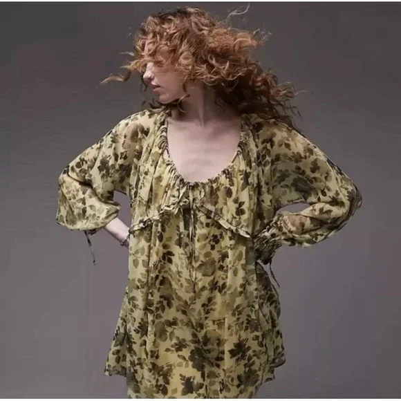 Topshop Yellow Floral‎ Sheer Ruffle Tie Mini Dress US 6 Boho Chic Romantic NWT