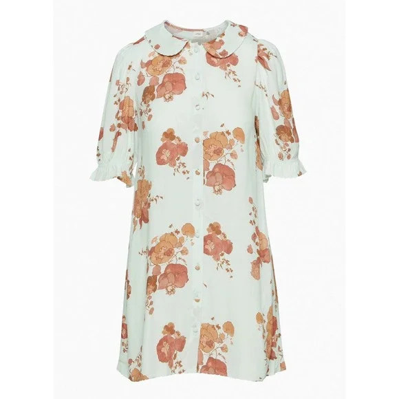 Wilfred Poppins Dress Floral Print Puff Sleeve Peter Pan Collar Button Up Size S