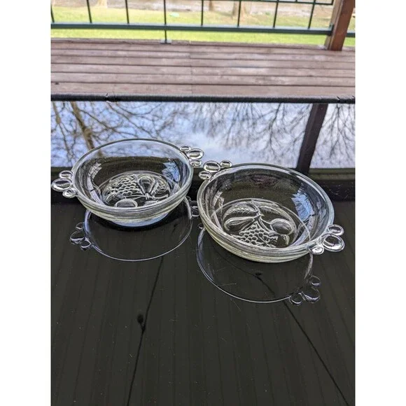 Vintage Clear Pressed Glass Berry/ Dessert Bowl Set Of Two Bottom Bubble Handles