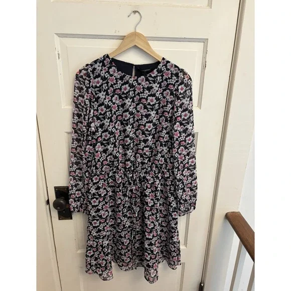 Banana‎ Republic Women's Navy Floral Chiffon Long Sleeve Dress Size L New