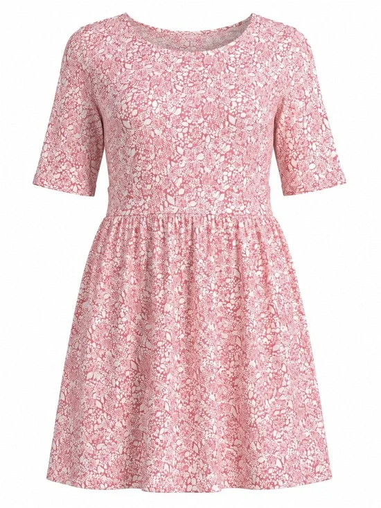 Lands' End Pink and White Floral-Print Midi Dress