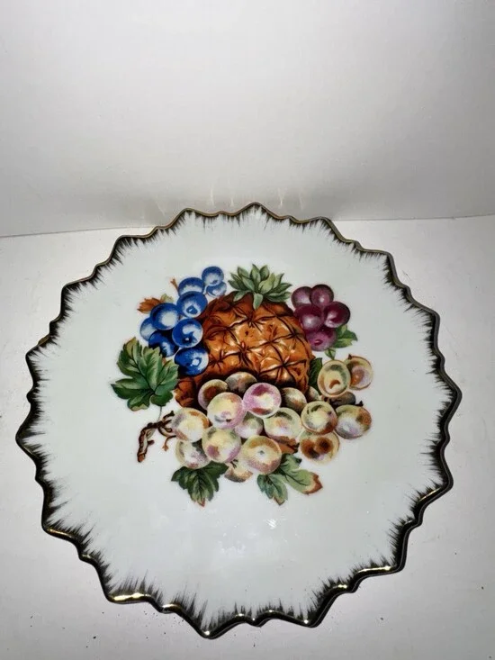 Vintage Japan Porcelain Fruit Plate Gold Trim Scalloped Wall Hanging