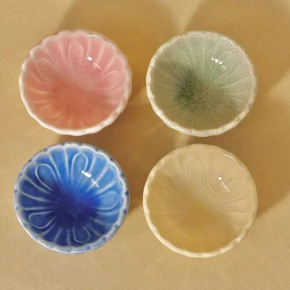 Japanese Mini Ceramic Dipping Sauce Dishes, Set of 4, Pastel Multicolor Floral