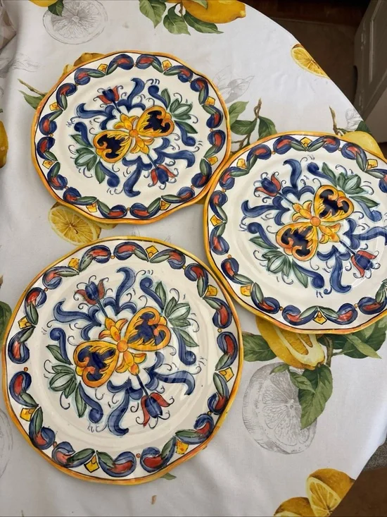 Set A Three Majolica  Hand-Painted Dinner Plates 10.5 Inches Round, Yellow Blue