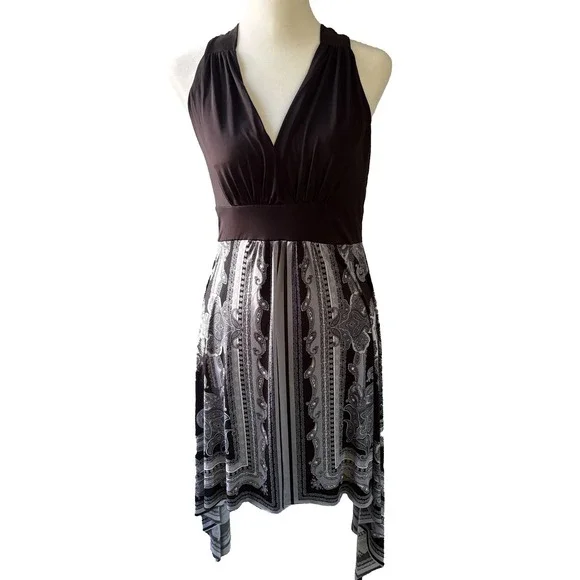 Medium Halter Dress MUSA USA Black Paisley Handkerchief Hem V‎ Neck Size Med y2k