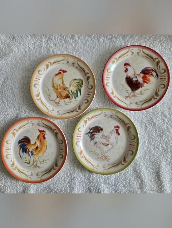 Pier 1 Imports Set/4 Rooster Plates Ironstone Salad Dessert Farmhouse 8.25