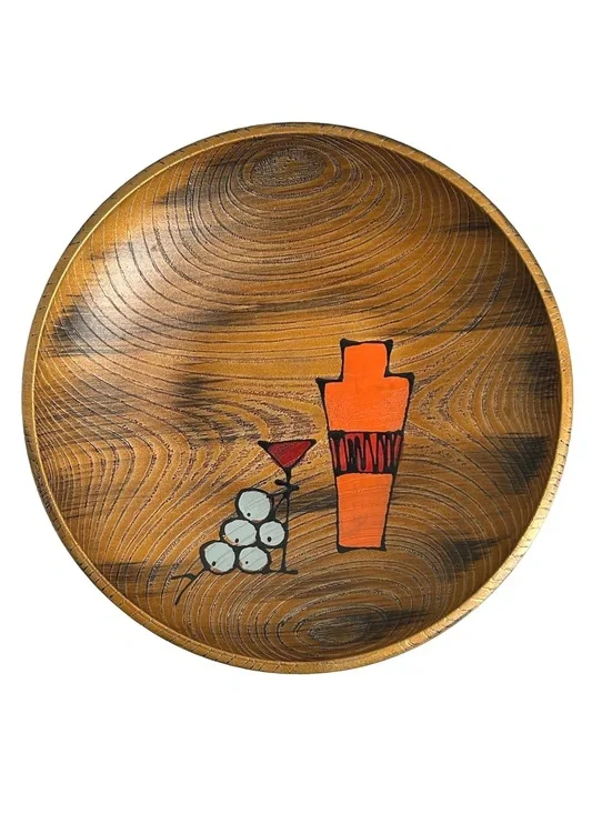 Mid-Century Modern Hand-Painted Wooden Bowl with Abstract Cocktail Design