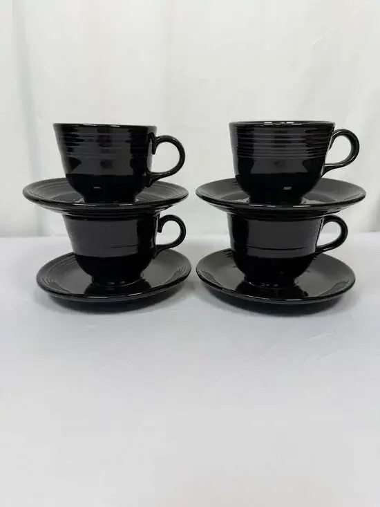 Vintage Fiestaware Black Flat Tea Cup and Saucer Set of 4 Each