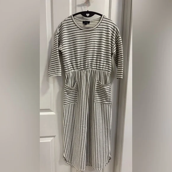Roolee Cream and Black Striped Midi Dress