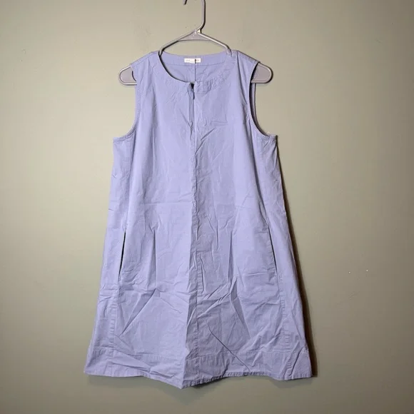 EILEEN FISHER ZIP NECK POCKETS BLUE‎ ORGANIC COTTON SLEEVELESS DRESS SIZE S/P