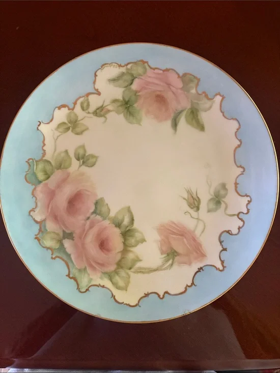 Vintage Hand-Painted Pink Rose Decorative Plate with Blue Border 10”
