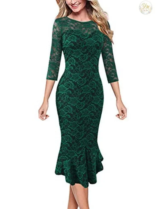 Vintage Bodycon Mermaid Midi Dress Cocktail Party Sheath 3/4 Sleeve Zipper