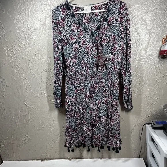 Knox‎ Rose Womens Black pink floral Casual Dress tassels size medium