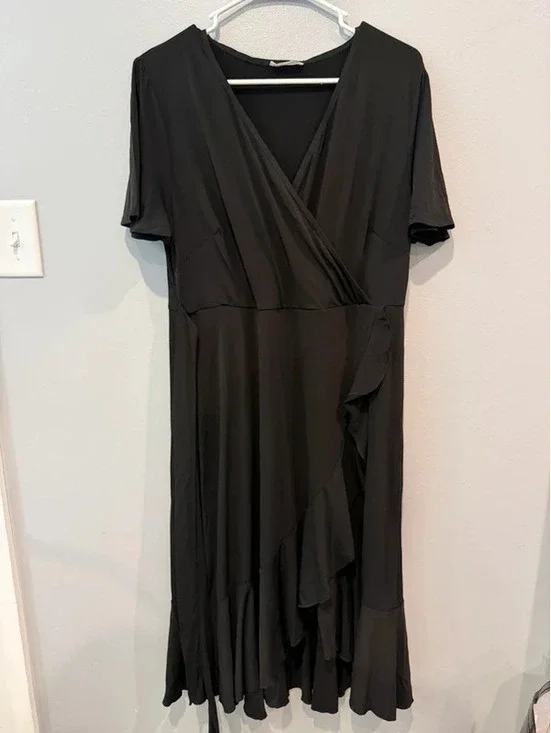 Pinup Fashion Black Wrap Ruffle Midi Dress Size 18W