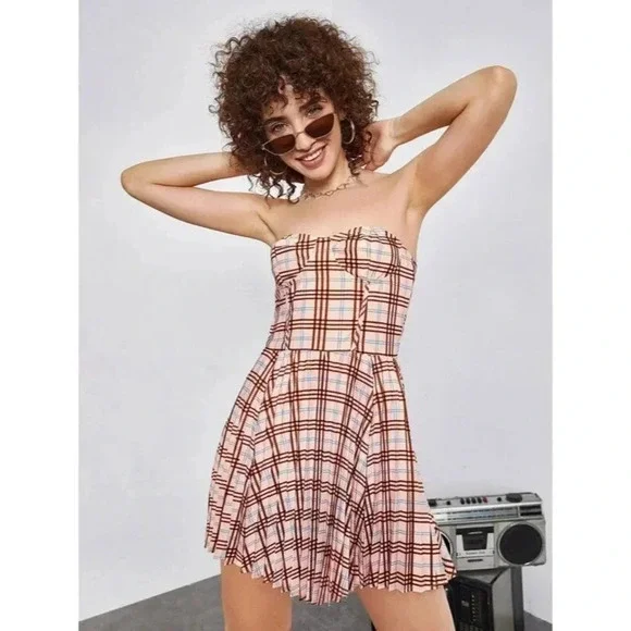 SHEIN Plaid Print Pleated Strapless Dress‎ XL