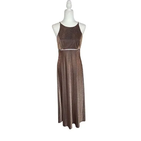 Vintage‎ 90s cache brown and gold shimmer maxi dress