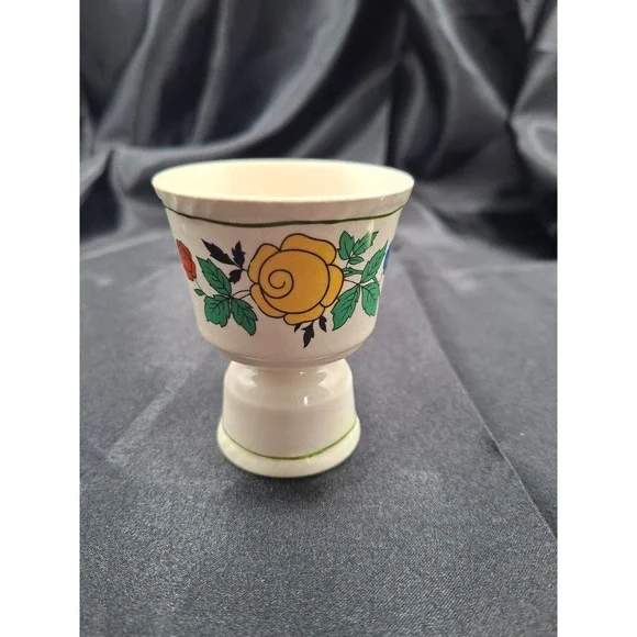Vintage Floral Ceramic Egg Cup Yellow Rose Footed Pedestal Crazed Glaze