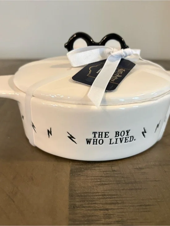 Rae Dunn White Ceramic Covered Dish with Black Accent Handle