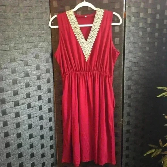 Red V-Neck Ruffled Dress