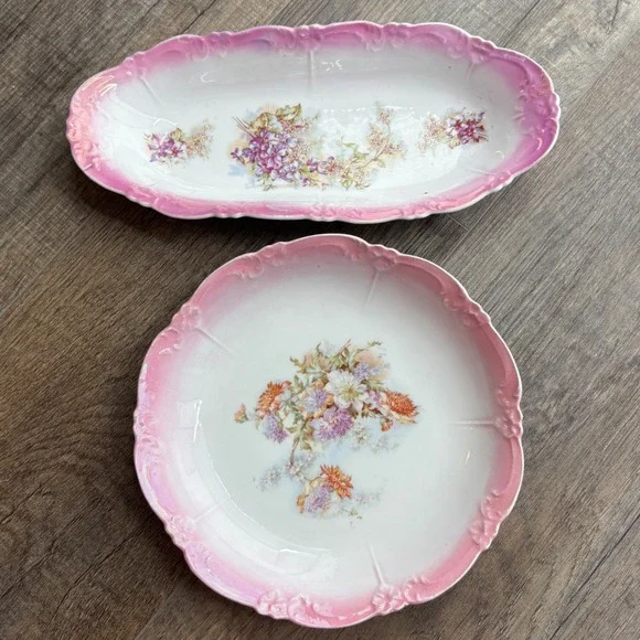 Vintage Pink Lusterware Floral Porcelain Plate‎ and Oval Platter Set 2pc, Spring