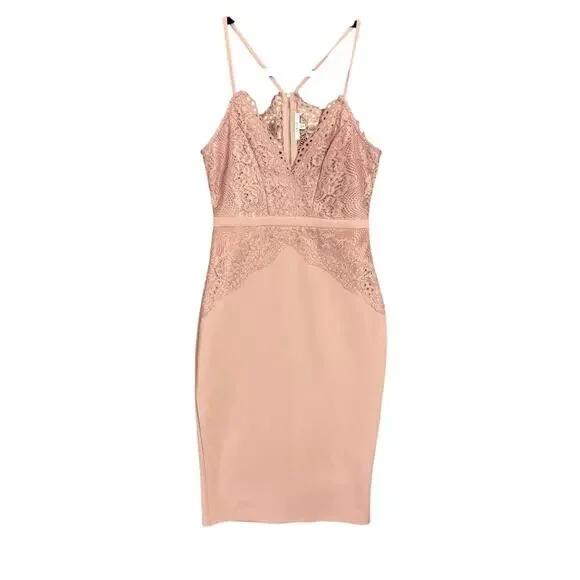Iris‎ Dusty Mauve Pink Lace Bodycon Midi Dress Women’s Size Small Sexy Romantic