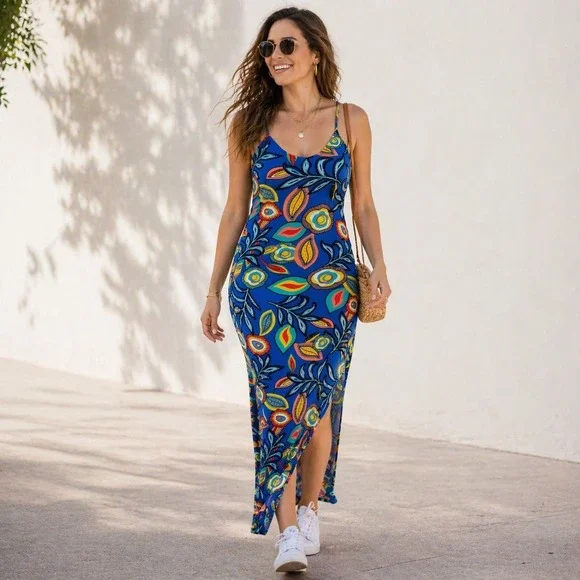 Love J Maxi Dress Abstract Floral Blue Dopamine‎ Bodycon Stretch Medium