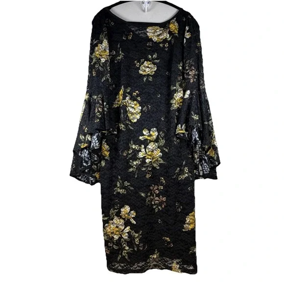 VFSHOW Women's Large Mesh Floral Dress Black Yellow Bell Sleeve Midi Career‎