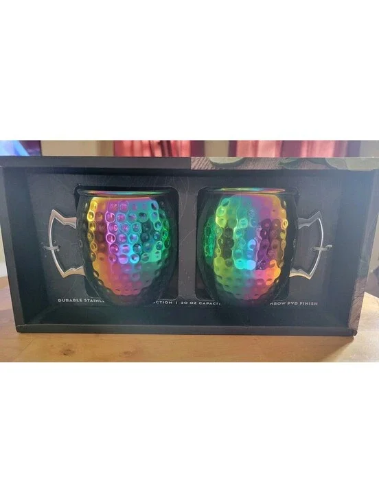 Set of 2 Rainbow Stainless Steel Moscow Mule Mugs 20oz Cambridge Hammered Finish