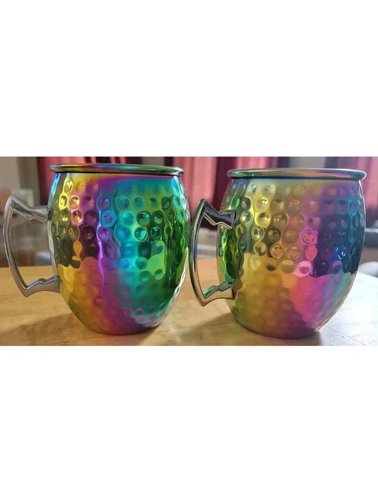 Set of 2 Rainbow Stainless Steel Moscow Mule Mugs 20oz Cambridge Hammered Finish
