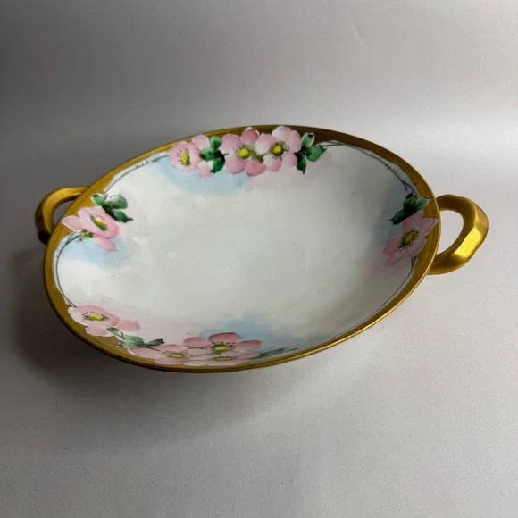 Vintage Japan Hand Painted Porcelain Footed Bowl Floral‎ Gold Trim Lusterware
