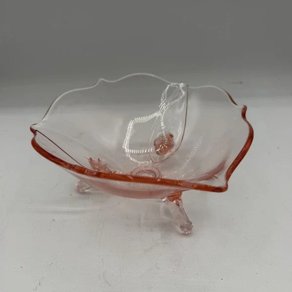 Vintage Lancaster Pink Depression Glass Bowl Petal Rim 3-Footed Dish Candy