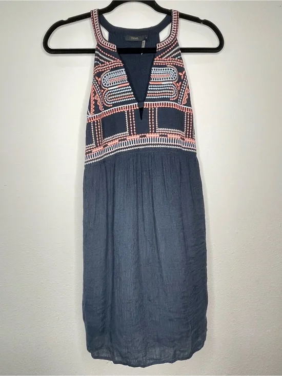THML‎ Small Women Pullover Mini Sleeveless Dress Embroidered Boho V-neck Gauze