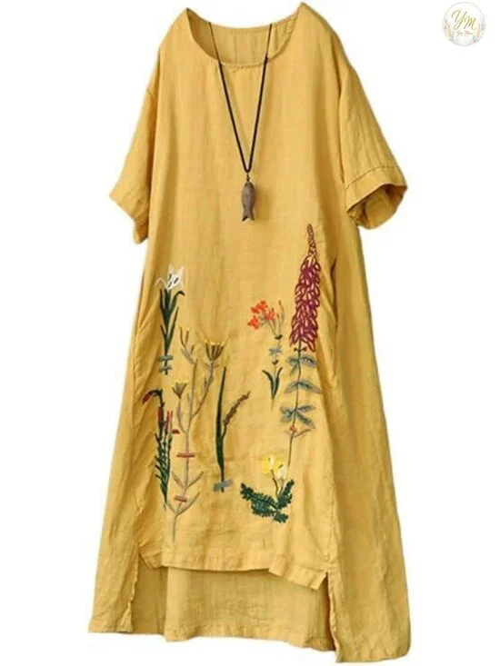 Linen Cotton Embroidered Boho Sundress Midi with Pockets