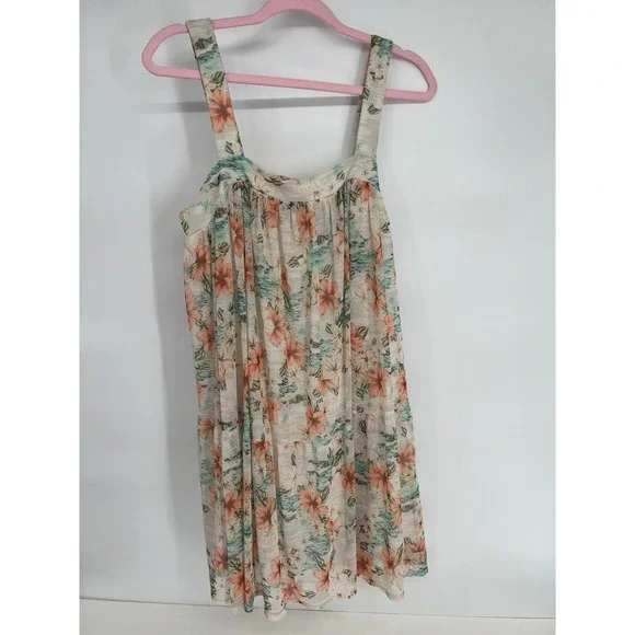 Love Fire Floral Mini Dress Large‎ Tropical Hibiscus Tiered Summer Sleeveless