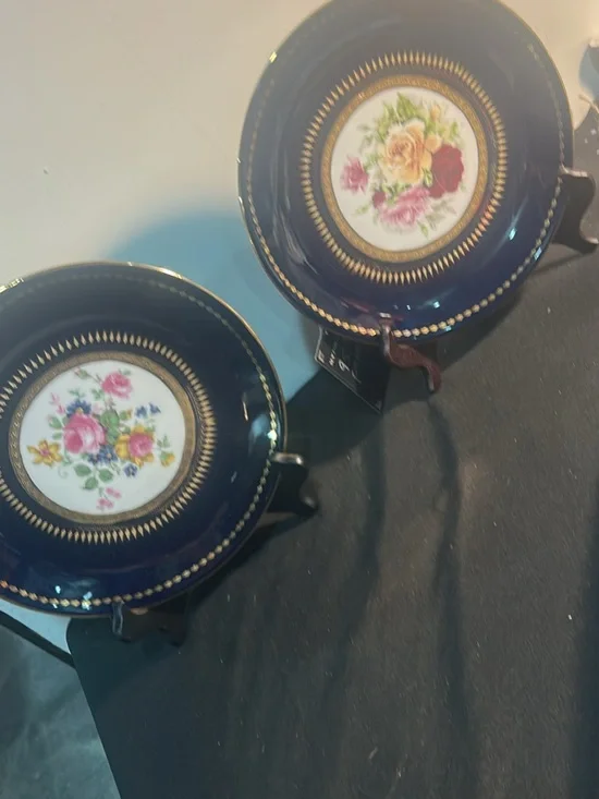 Cobalt Blue Floral Decorative Porcelain Plate a pair