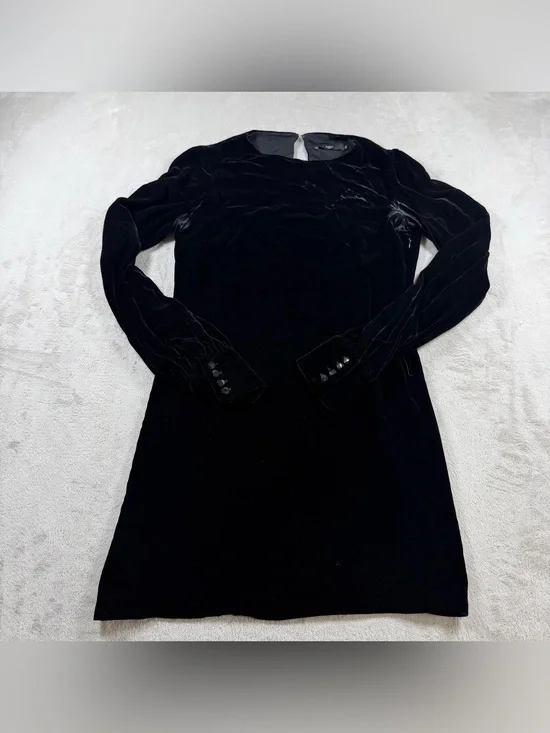 Kulson Italy Black Velvet Dress Womens 42  Luxury‎ Shift Long Sleeve Button