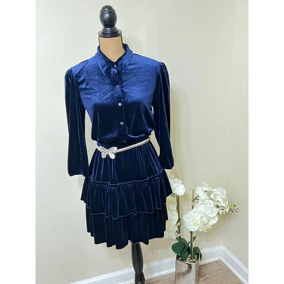 City‎ Studio Medium Tiered Mini Dress Blue Party Date Velour