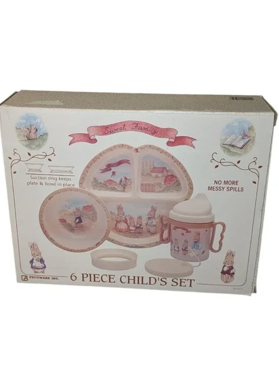 Vintage Pecoware Sweet Family 6 Piece Child’s Dish Set Sweet Bunny Family Design