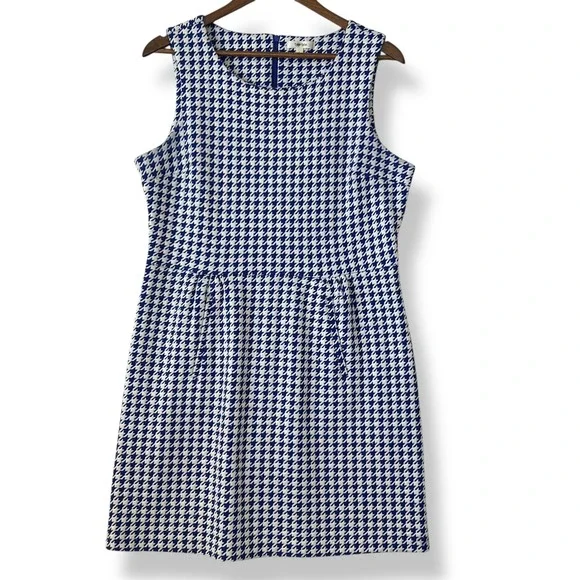 Tyler Boe Dress‎ L Blue White Houndstooth Knit Pockets Preppy Coastal Nautical