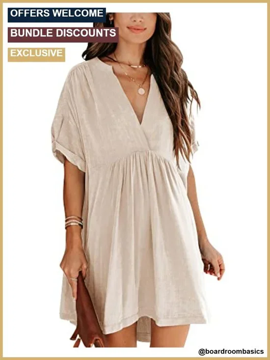 Babydoll Short Sleeve Tunic Dress V-Neck Casual Loose Mini A-Line