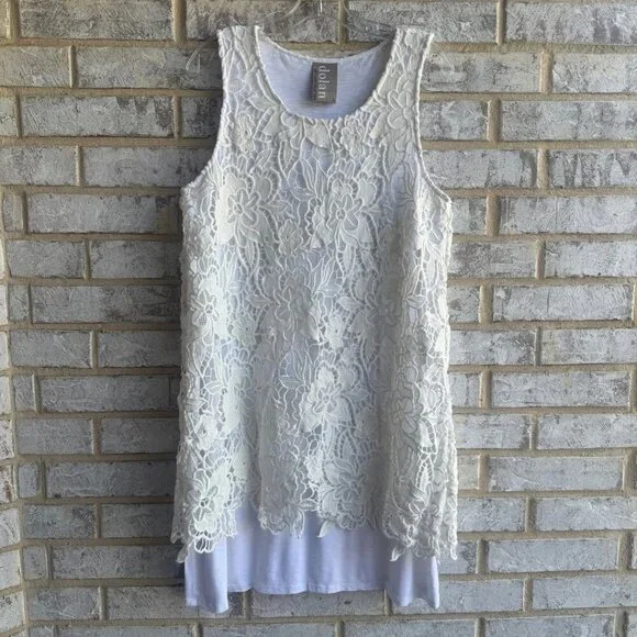 Dolan Sleeveless Cream/White Crochet Lace Layers Tank Dress Women's Size L