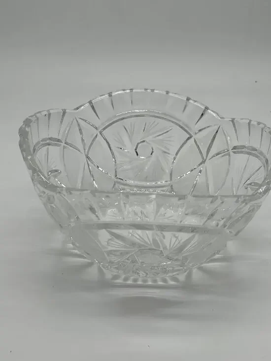 Vintage Cut Glass Crystal Bowl 9” Round Scalloped Edge Starburst Floral