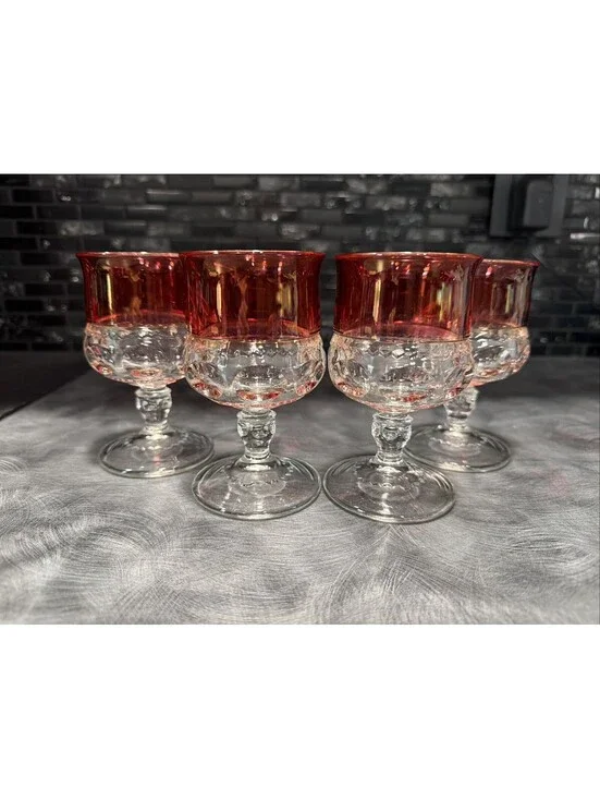 Set Of 4 Vintage Indiana Glass Kings Crown Ruby Red Rim Goblets Cordials