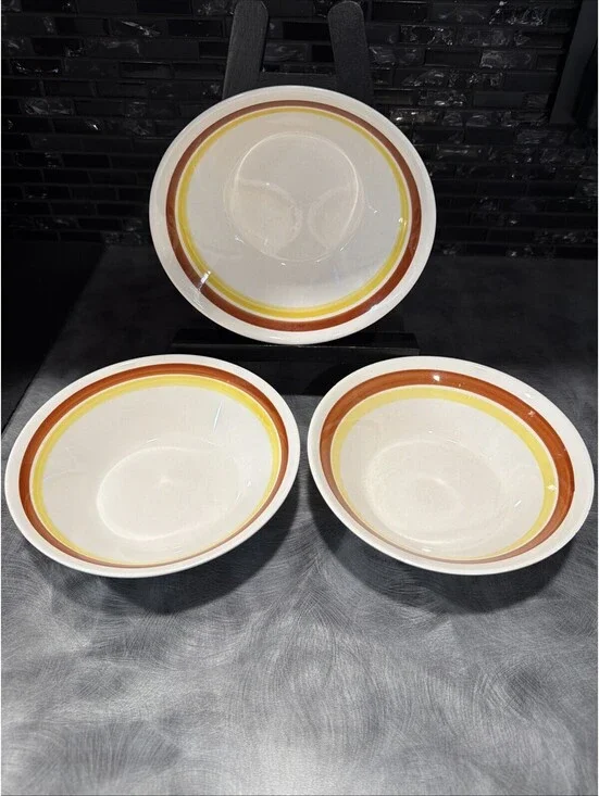 Vintage Stoneware Bowl Set 3 Brown Yellow Stripe Retro Diner Style Soup Cereal