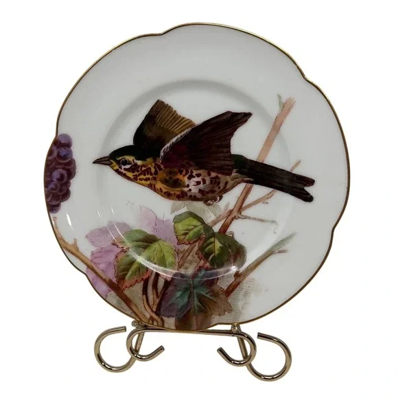 Antique Hand Painted Bird Porcelain Hache Pepin‎ Plate Scalloped Gold Rim 8.5