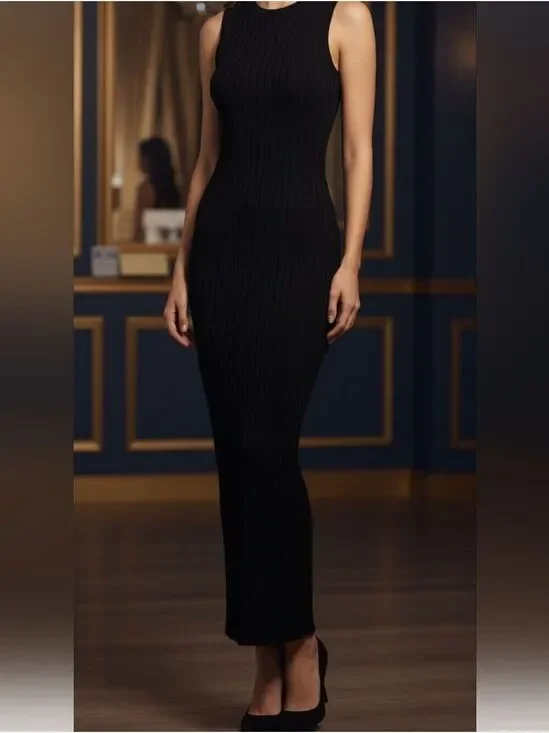 Fitted Long Length Moiu Muse Black Ribbed Maxi Dress Size Small