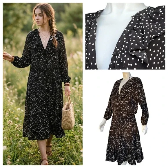Polka Dot Tiered Midi Dress Black White Ruffle V-Neck Parisian‎ Chic Boho Size M