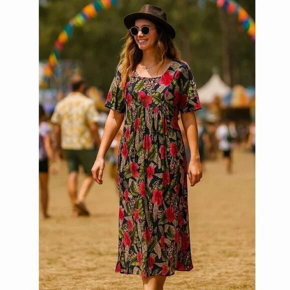 Vintage Patchouli 100% Cotton Floral Boho Cottagecore Gypsy Festival Dress Sz M
