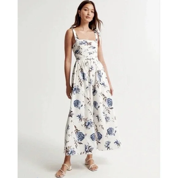 Abercrombie & Fitch Floral‎ Midi Dress Womens S White Blue Excellent Tie Strap